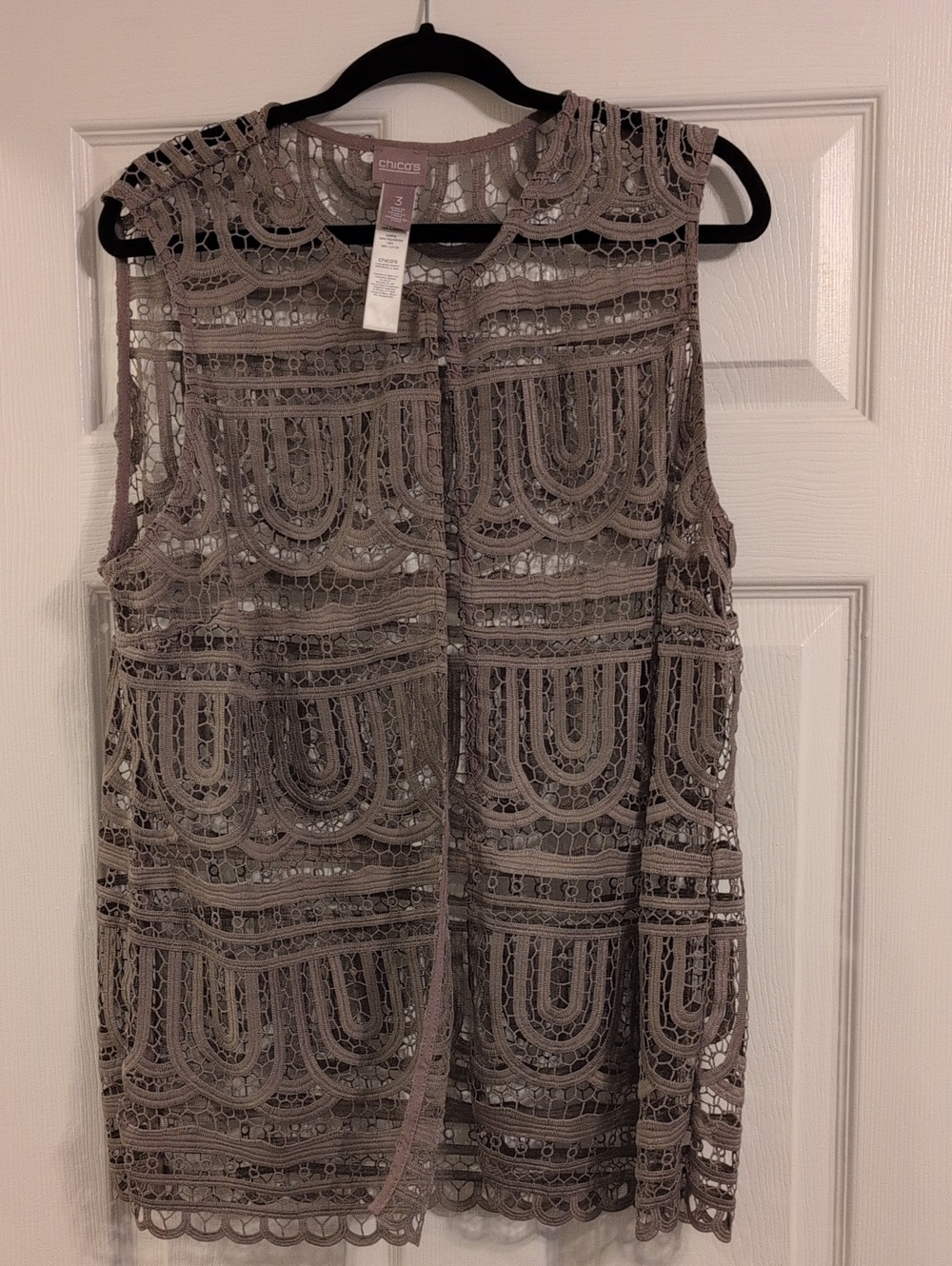 Chico's Sleeveless Lace Openwork Vest in Dusty Taupe